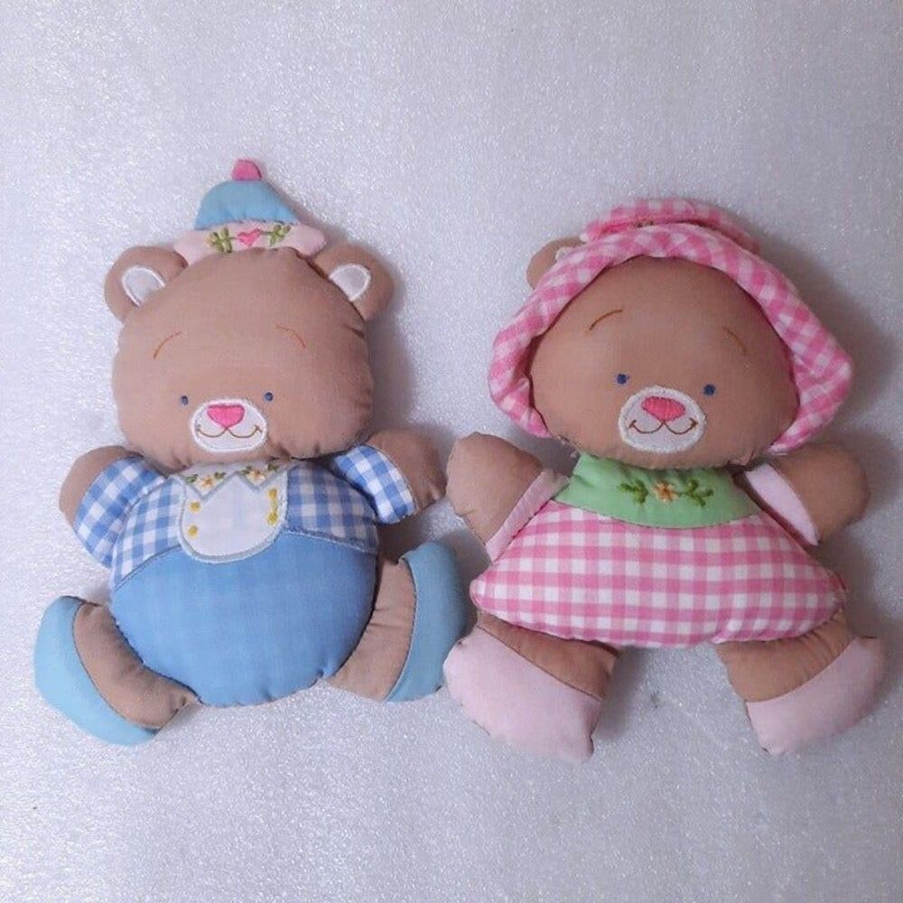 Vintage House of Hatten baby bear plush set 2 boy girl pink blue gingham toy